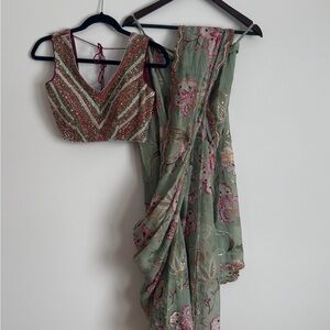 Embroidered Green and Pink Sari with Blouse